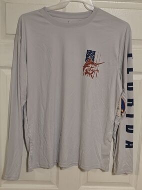 Men's Light Gray Long-Sleeve Performance Shirt with Flag Marlin Graphic